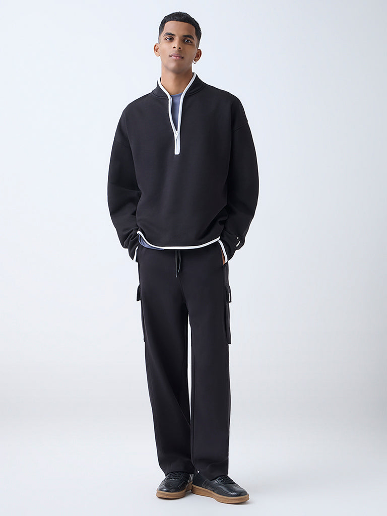 Studiofit Black Relaxed-Fit Quarter-Zip Cotton-Blend Sweatshirt