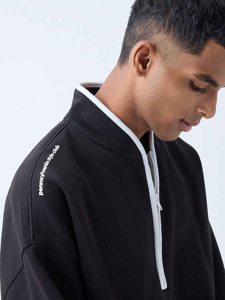 Studiofit Black Relaxed-Fit Quarter-Zip Cotton-Blend Sweatshirt - Image 3