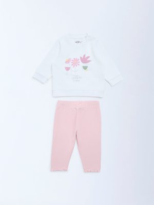 HOP Baby White Floral Printed Cotton Sweatshirt and Pants Set