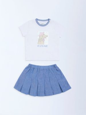 HOP Baby White Sequins-Detail Cotton T-Shirt and Skirt Set