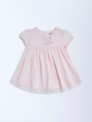 HOP Baby Pink Embroidered Cotton A-Line Dress