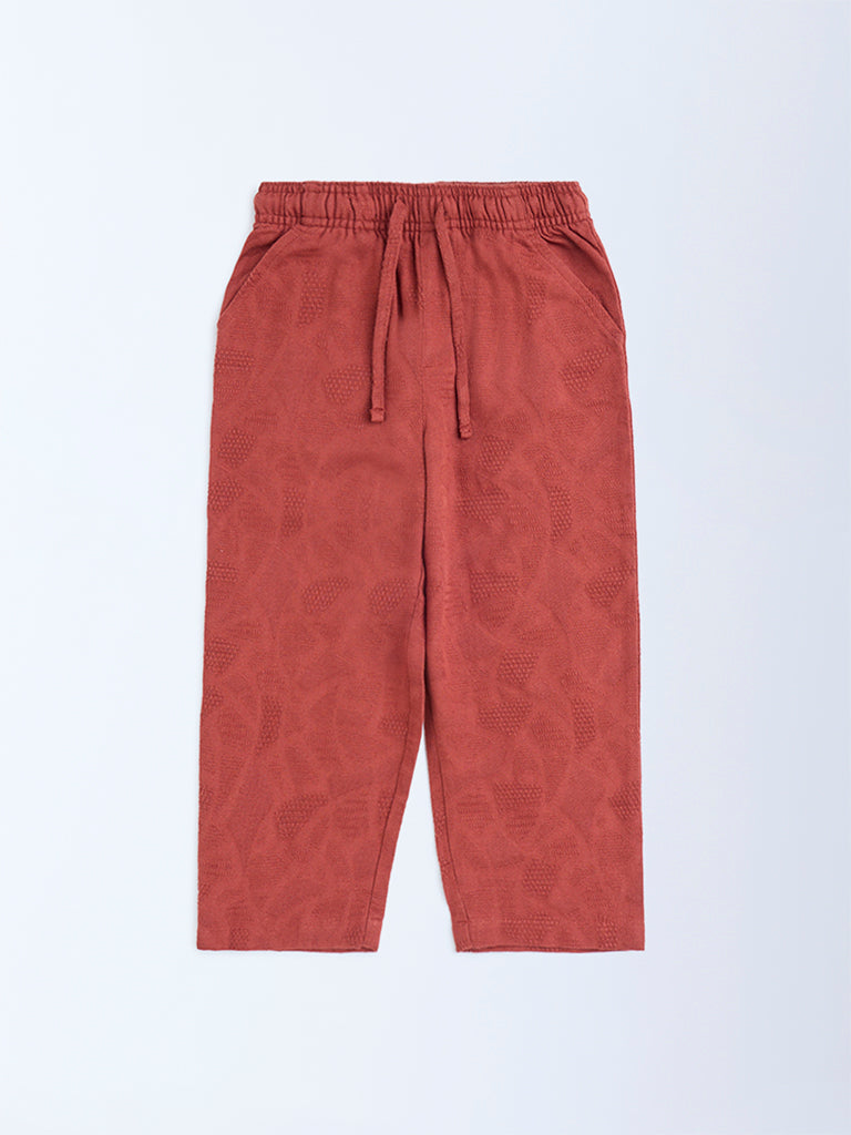 HOP Kids Rust Textured Mid-Rise Cotton Trousers