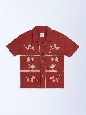 HOP Kids Rust Floral Embroidered Resort-Fit Cotton Shirt