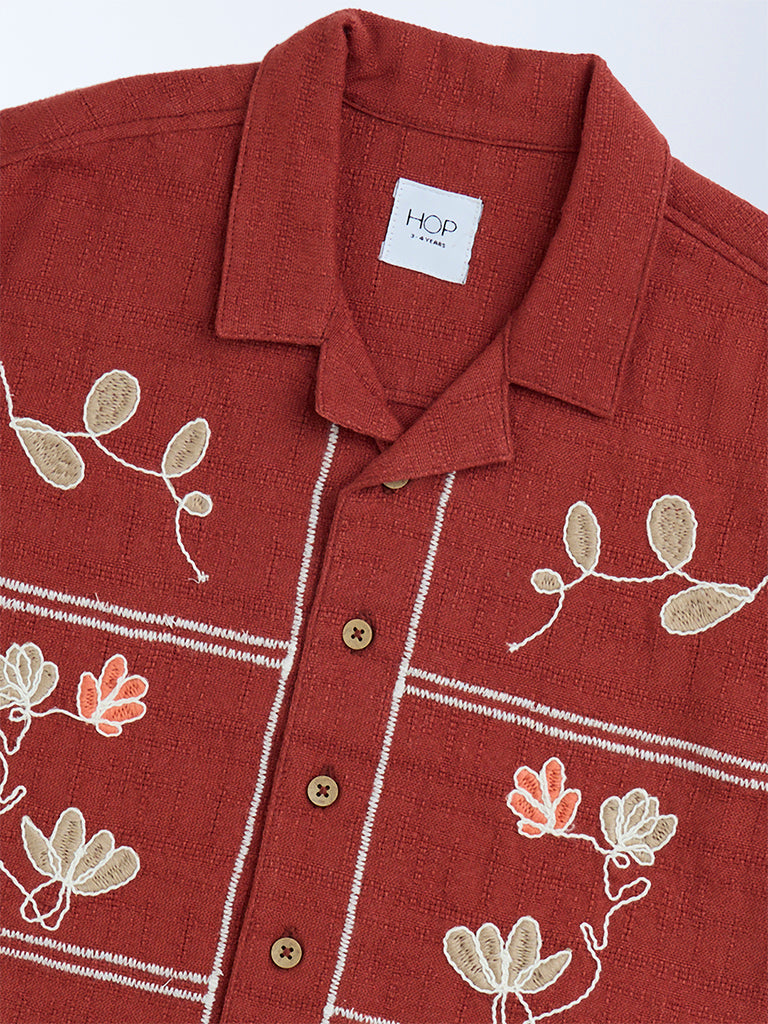 HOP Kids Rust Floral Embroidered Resort-Fit Cotton Shirt - Image 3
