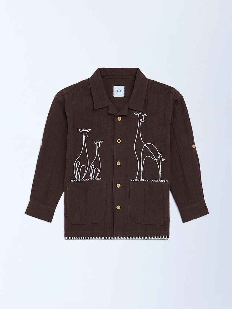 HOP Kids Dark Brown Embroidered Resort-Fit Cotton Shirt - Image 4