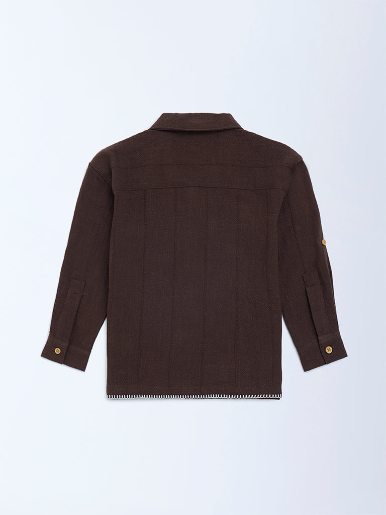 HOP Kids Dark Brown Embroidered Resort-Fit Cotton Shirt - Image 5