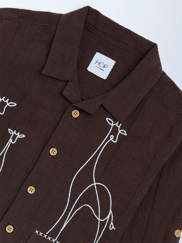 HOP Kids Dark Brown Embroidered Resort-Fit Cotton Shirt - Image 6