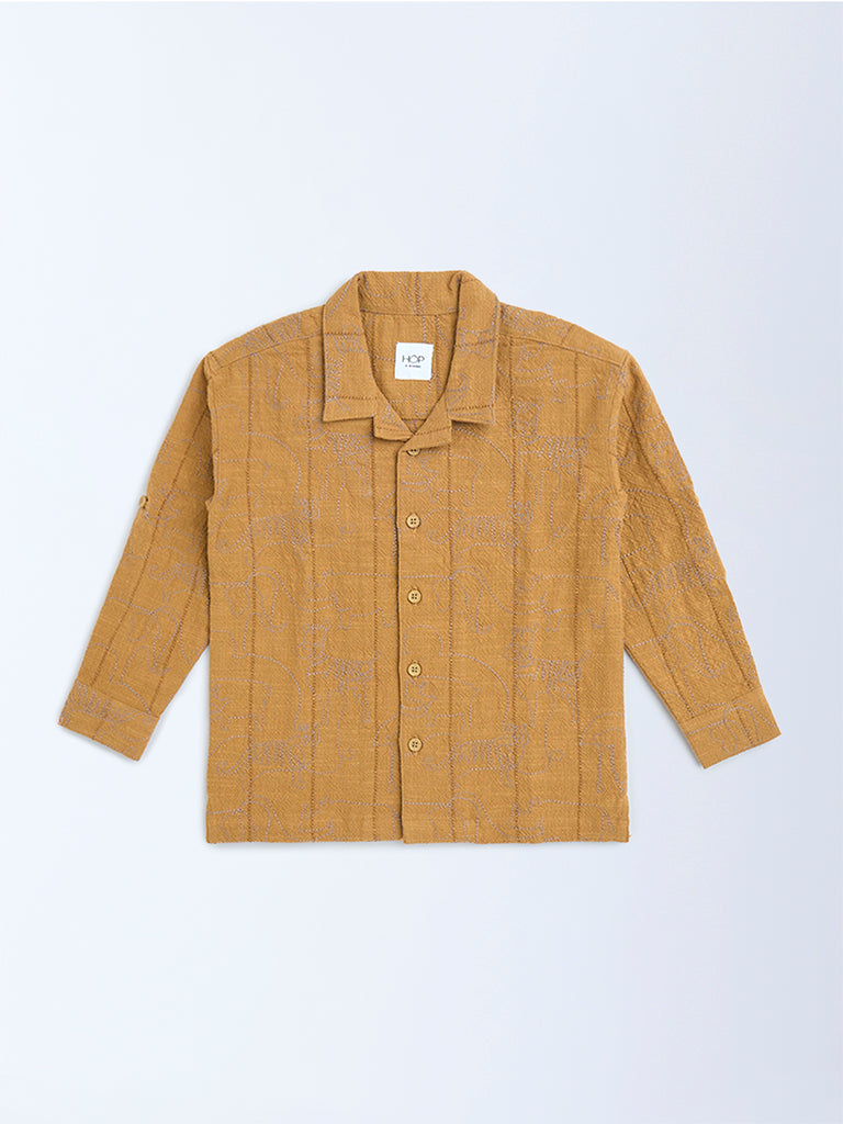 HOP Kids Mustard Embroidered Resort-Fit Cotton Shirt - Image 4