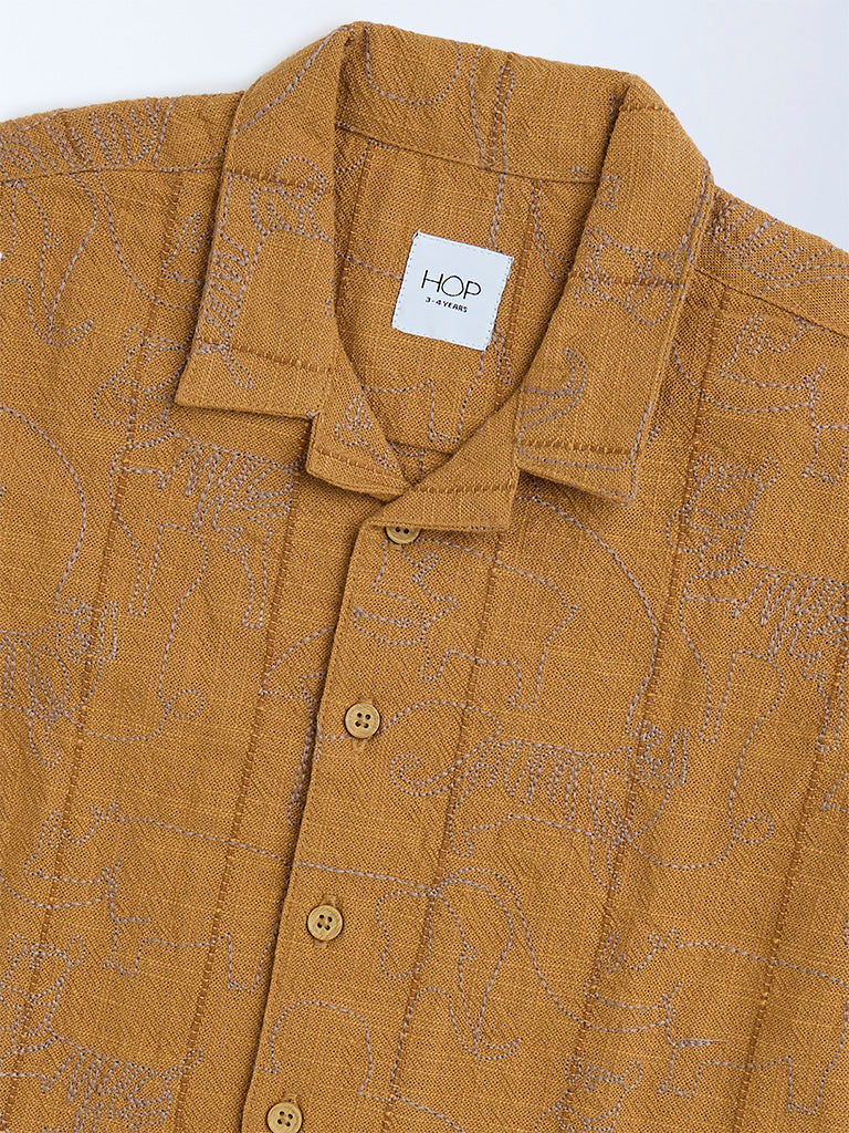 HOP Kids Mustard Embroidered Resort-Fit Cotton Shirt - Image 6