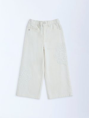 HOP Kids White Embroidered Relaxed-Fit High-Rise Jeans