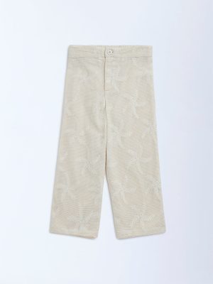 HOP Kids Beige Leaf Embroidered High-Rise Cotton-Blend Trousers