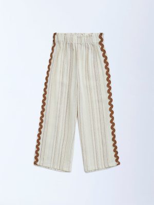 HOP Kids Cream Embroidered High-Rise Cotton Trousers