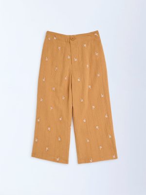 HOP Kids Orange Floral Embroidered High-Rise Cotton Pants