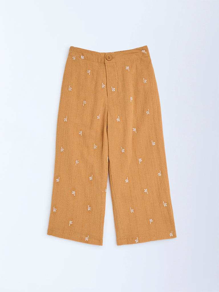 HOP Kids Orange Floral Embroidered High-Rise Cotton Pants
