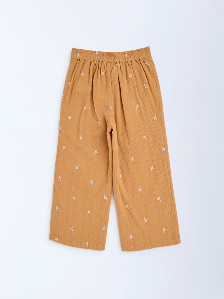 HOP Kids Orange Floral Embroidered High-Rise Cotton Pants - Image 2