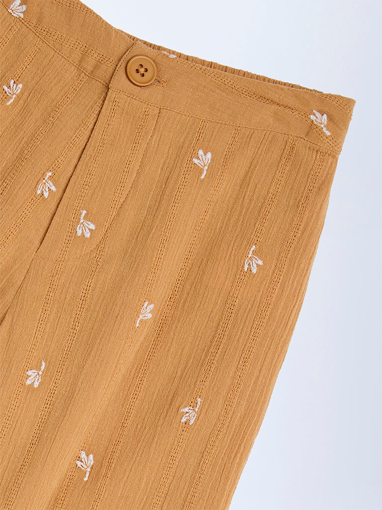 HOP Kids Orange Floral Embroidered High-Rise Cotton Pants - Image 3