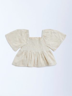 HOP Kids Beige Leaf Embroidered Cotton-Blend Top