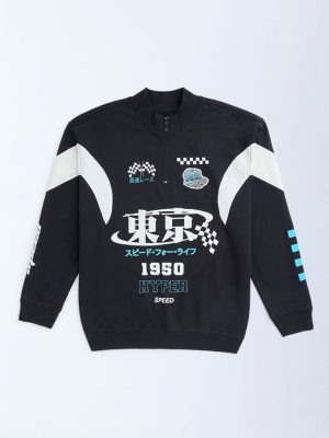 Y&F Kids Black Printed Cotton Quarter-Zip Sweatshirt