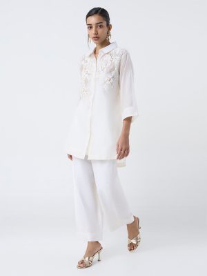 Vark Off-White Floral Embellished Cotton Ethnic Set