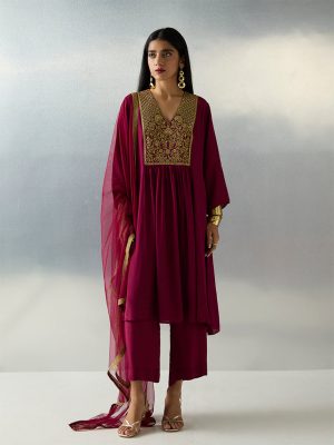 Vark Maroon Zari Embroidered Anarkali Ethnic Set