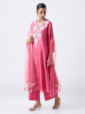 Vark Pink Embellished Cotton-Blend A-Line Ethnic Set