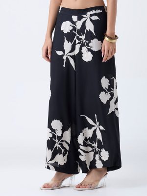 Utsa Black Foliage Pattern Palazzos