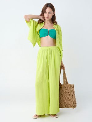 Wunderlove Lime Textured High-Rise Cotton Beach Pants