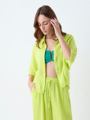 Wunderlove Lime Crinkle-Textured Cotton Beach Shirt
