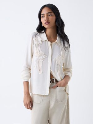 LOV Off-White Floral-Applique Detailed Shirt