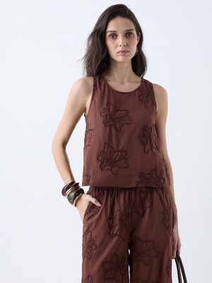 LOV Brown Floral Embroidered Cotton Top