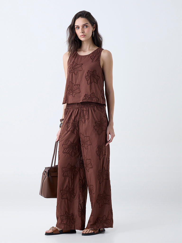 LOV Brown Floral Embroidered Cotton Top - Image 2