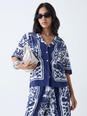 LOV Navy Botanical Design Shirt