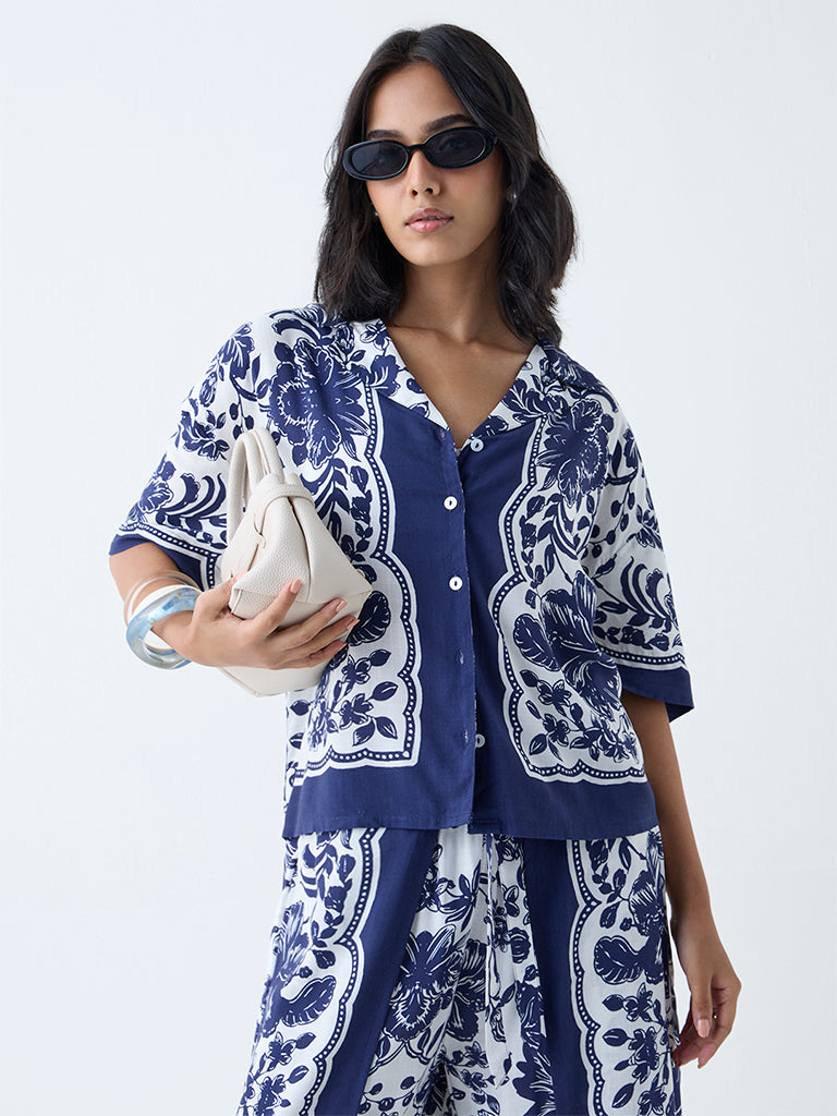 LOV Navy Botanical Design Shirt