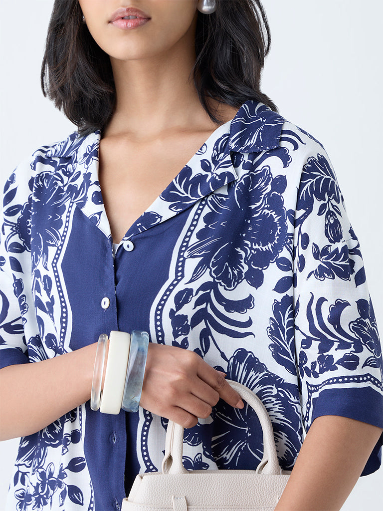 LOV Navy Botanical Design Shirt - Image 3