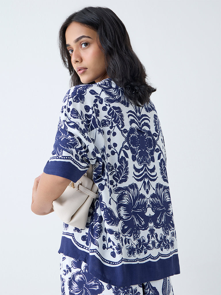 LOV Navy Botanical Design Shirt - Image 4