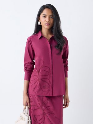 LOV Burgundy Floral Embroidered Cotton Shirt