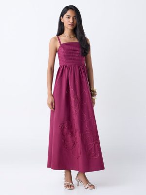 LOV Burgundy Floral Embroidered Cotton A-Line Dress