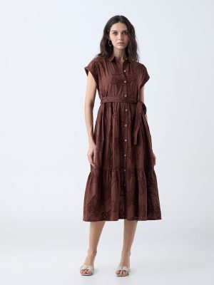 LOV Brown Floral Embroidered Cotton Shirt Dress with Belt