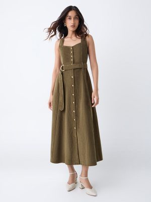 LOV Olive Corduroy A-Line Dress with Belt