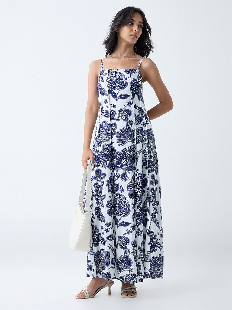 LOV Navy Floral Detailed A-Line Dress