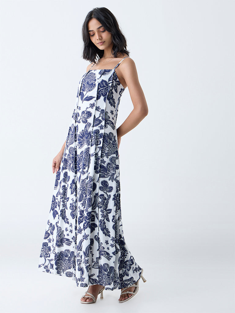 LOV Navy Floral Detailed A-Line Dress - Image 2