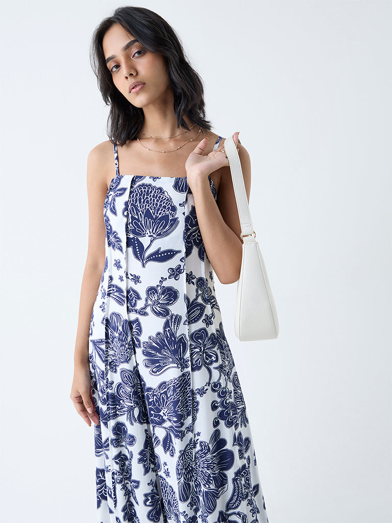 LOV Navy Floral Detailed A-Line Dress - Image 3