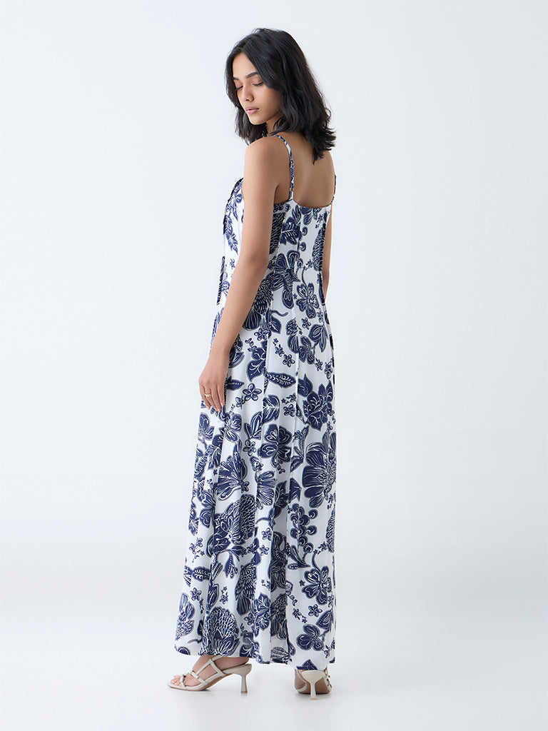 LOV Navy Floral Detailed A-Line Dress - Image 4