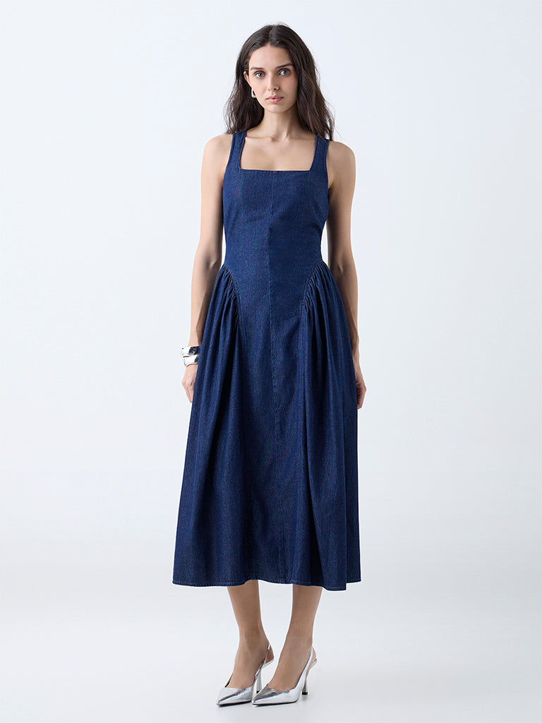 LOV Dark Blue Corset-Style Denim A-Line Dress