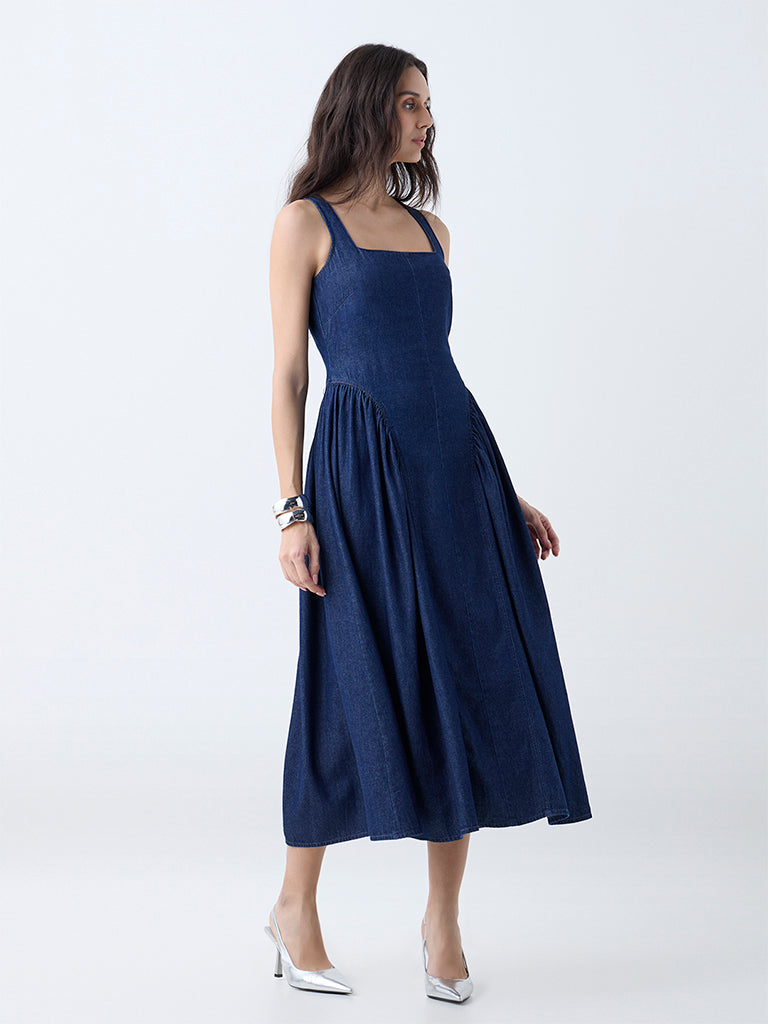 LOV Dark Blue Corset-Style Denim A-Line Dress - Image 2