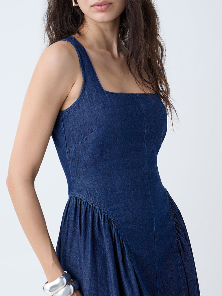 LOV Dark Blue Corset-Style Denim A-Line Dress - Image 3