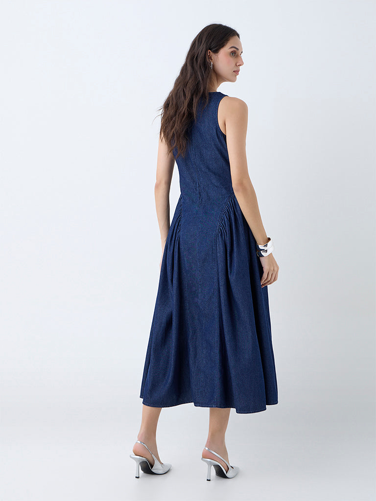 LOV Dark Blue Corset-Style Denim A-Line Dress - Image 4