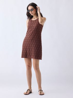 LOV Dark Brown Floral Lace Cotton Shift Dress
