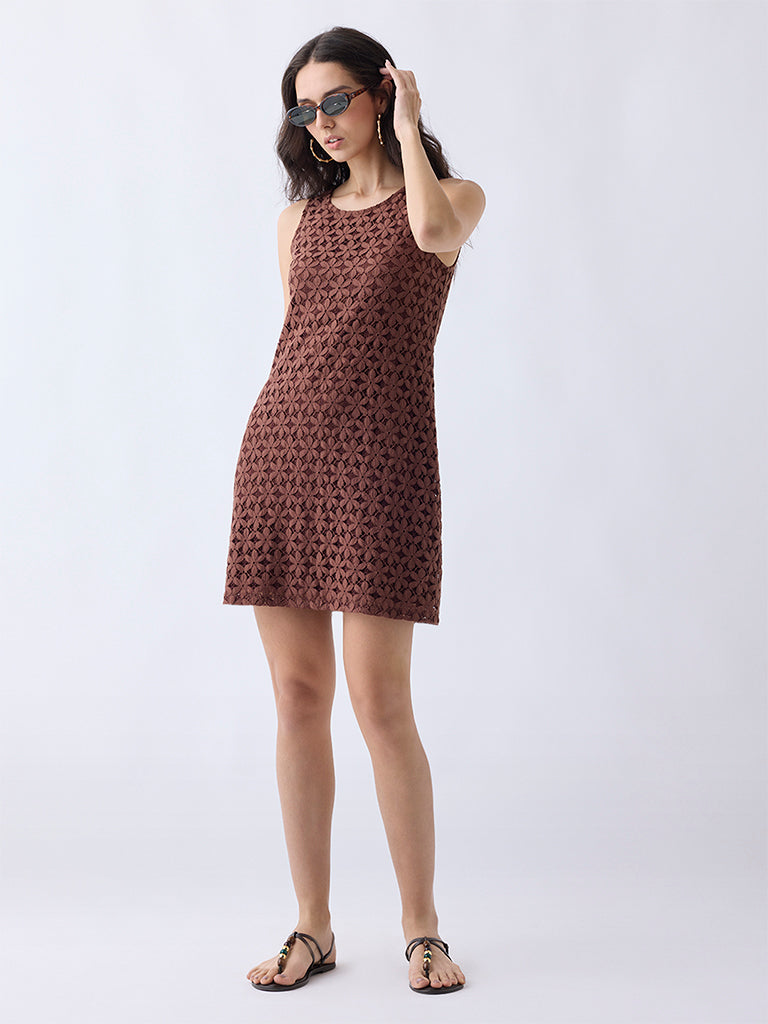 LOV Dark Brown Floral Lace Cotton Shift Dress
