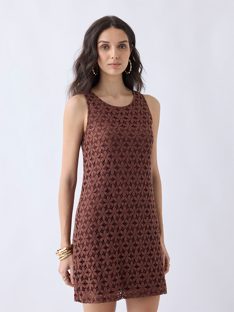 LOV Dark Brown Floral Lace Cotton Shift Dress - Image 2